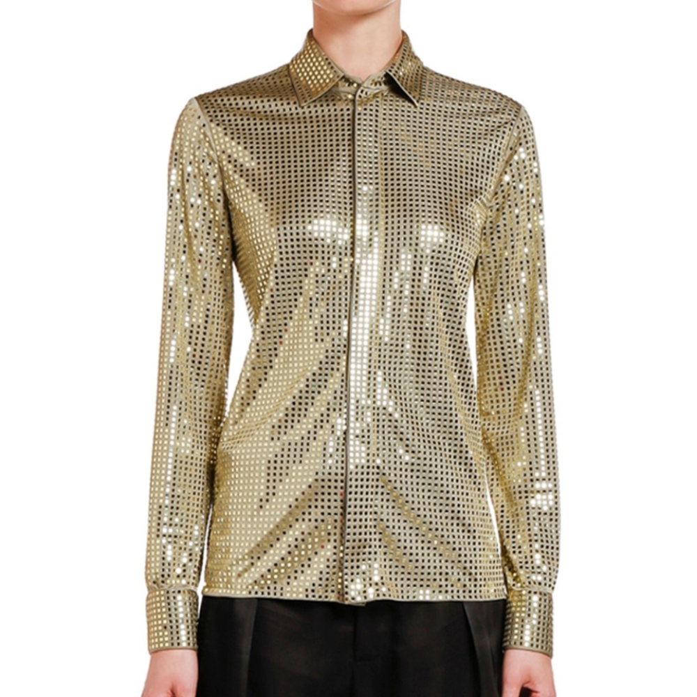Bottega Veneta Gold Sequin Embellished Satin Jersey Shirt Green Gold Size 42 NWT